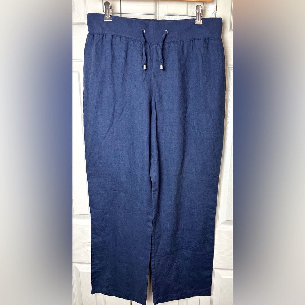SoLo Moda 100% Linen Pants Blue Wide Leg Drawstring Pull On Waist High Rise Airy